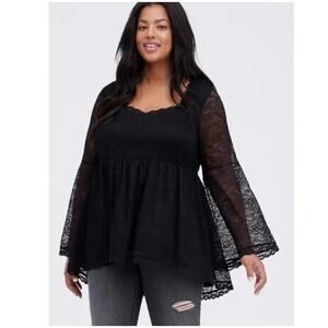 Torrid Lace Baby Doll Top Plus Size 5X Black Sweetheart Neck Sheer Bell Sleeve